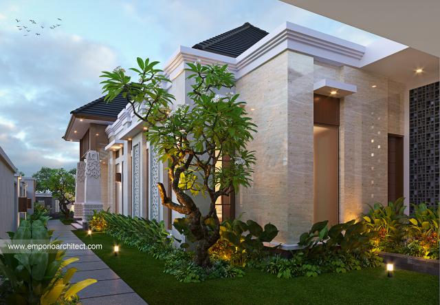 Desain Tampak Detail Samping Rumah Villa Bali 1 Lantai Ibu RSE di Bengkulu