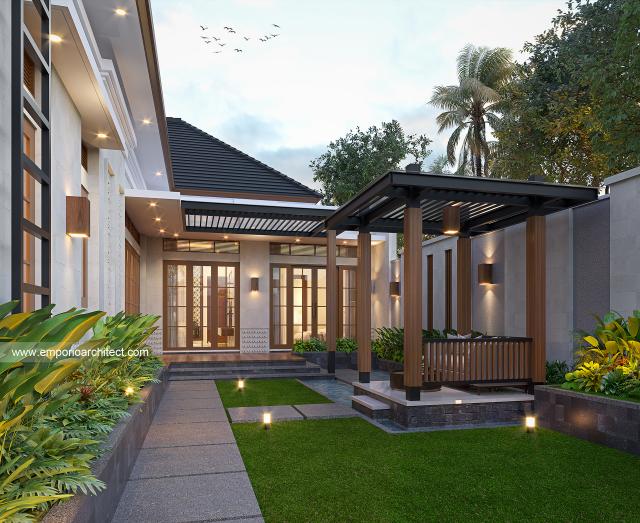 Desain Tampak Detail Belakang Rumah Villa Bali 1 Lantai Ibu RSE di Bengkulu