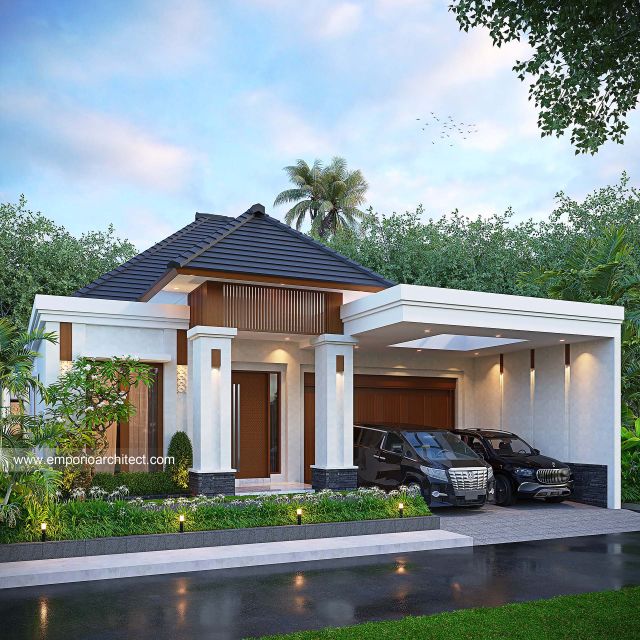 Desain Tampak Depan Rumah Villa Bali 1 Lantai Ibu RTN di Jawa Timur