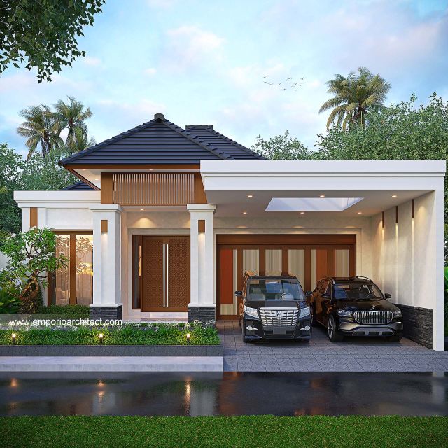 Desain Tampak Depan 3 Rumah Villa Bali 1 Lantai Ibu RTN di Jawa Timur