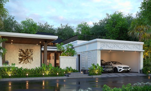 Desain Tampak Depan Rumah Villa Bali 1 Lantai Bapak GD di Cibubur, Jakarta Timur