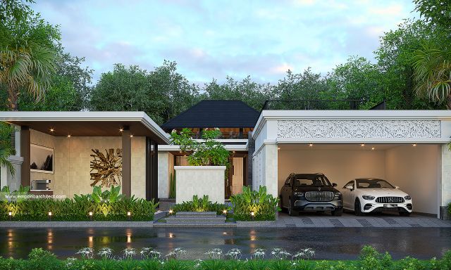 Desain Tampak Depan 2 Rumah Villa Bali 1 Lantai Bapak GD di Cibubur, Jakarta Timur