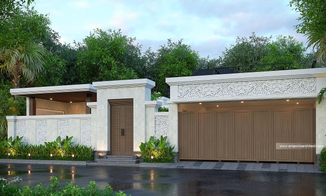 Desain Tampak Depan Dengan Pagar Rumah Villa Bali 1 Lantai Bapak GD di Cibubur, Jakarta Timur