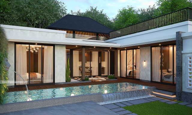 Desain Tampak Belakang Rumah Villa Bali 1 Lantai Bapak GD di Cibubur, Jakarta Timur