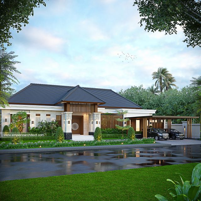 Desain Tampak Depan 2 Rumah Villa Bali 1 Lantai Bapak ABT dan Ibu PLA di Bogor