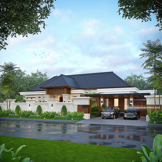 Desain Tampak Depan Dengan Pagar Rumah Villa Bali 1 Lantai Bapak ABT dan Ibu PLA di Bogor