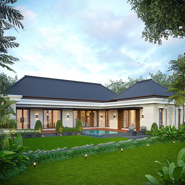 Desain Tampak Belakang Rumah Villa Bali 1 Lantai Bapak ABT dan Ibu PLA di Bogor