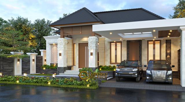 Desain Tampak Depan Tanpa Pagar 2 Rumah Villa Bali 1 Lantai Ibu Dewi di Purwakarta