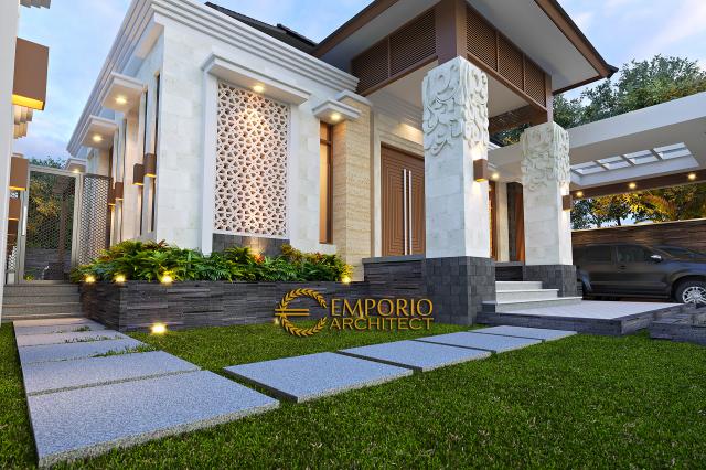 Desain Tampak Detail Depan Rumah Villa Bali 1 Lantai Ibu Dewi di Purwakarta