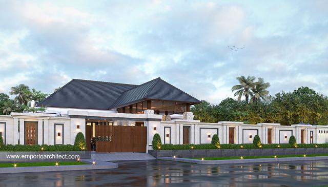 Desain Tampak Depan Dengan Pagar Rumah Villa Bali 1 Lantai Ibu Wayan di Sulawesi Barat