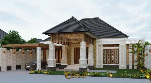 Desain Tampak Depan Tanpa Pagar Rumah Villa Bali 1 Lantai Bapak Jon di Pekanbaru, Riau