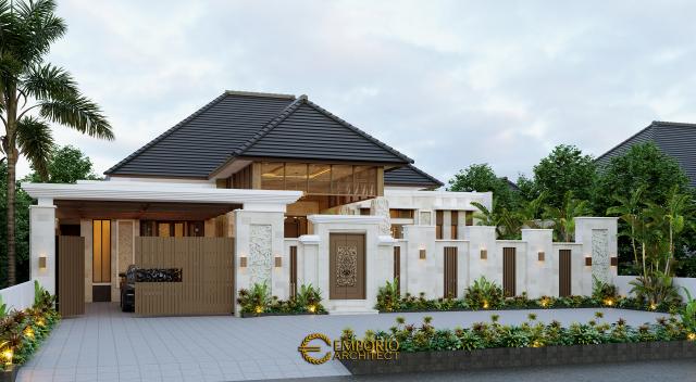 Desain Tampak Depan Dengan Pagar Rumah Villa Bali 1 Lantai Bapak Jon di Pekanbaru, Riau