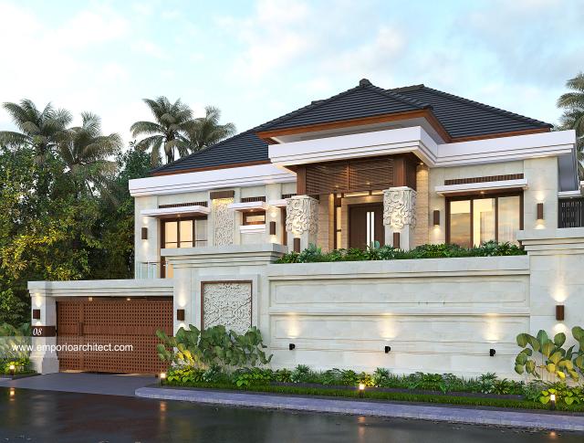 Desain Tampak Depan Dengan Pagar Rumah Villa Bali 1.5 Lantai Bapak dr. Rudi di Jambi