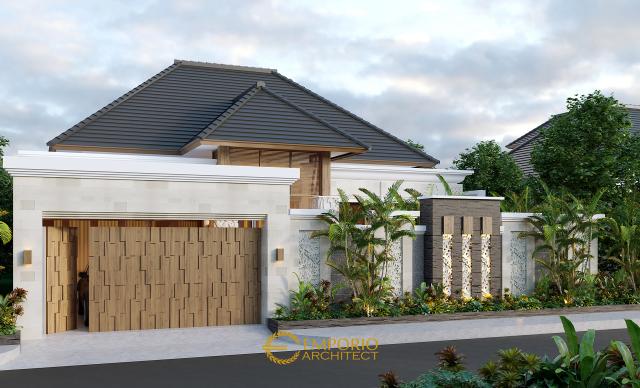 Desain Tampak Depan Dengan Pagar Rumah Villa Bali 1.5 Lantai Bapak Baihaqi di Aceh