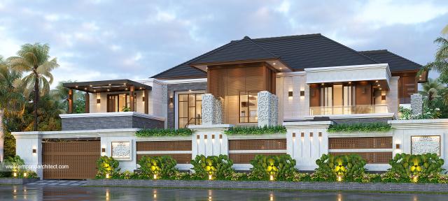 Desain Tampak Depan Dengan Pagar Rumah Villa Bali 2 Lantai Bapak BKT di Yogyakarta