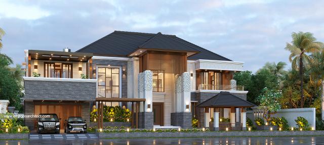 Desain Tampak Depan 2 Rumah Villa Bali 2 Lantai Bapak BKT di Yogyakarta