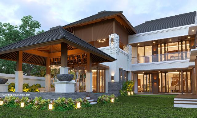 Desain Tampak Detail Belakang Rumah Villa Bali 2 Lantai Bapak BKT di Yogyakarta