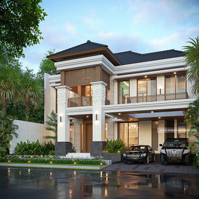 Desain Tampak Depan 2 Rumah Villa Bali 2 Lantai Ibu R di Cinere, Depok