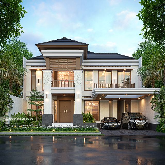 Desain Tampak Depan 3 Rumah Villa Bali 2 Lantai Ibu R di Cinere, Depok