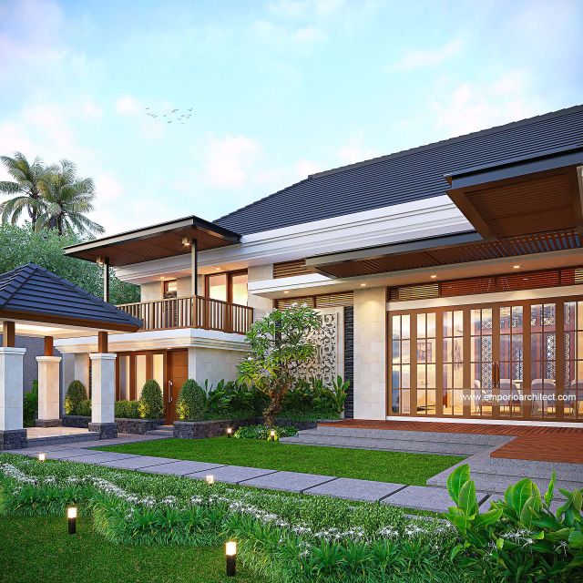 Desain Tampak Detail Belakang Rumah Villa Bali 2 Lantai Ibu CLT di Bengkulu