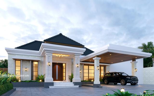 Desain Tampak Depan 2 Rumah Villa Bali 2 Lantai Bapak HNR di Palembang