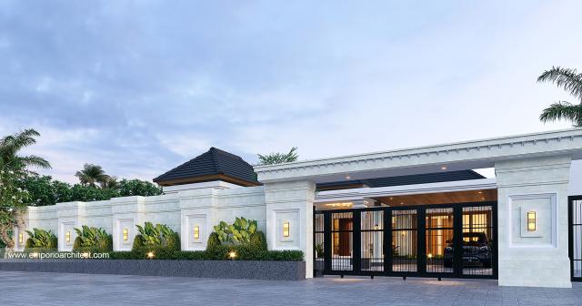 Desain Tampak Depan Dengan Pagar Rumah Villa Bali 2 Lantai Bapak HNR di Palembang