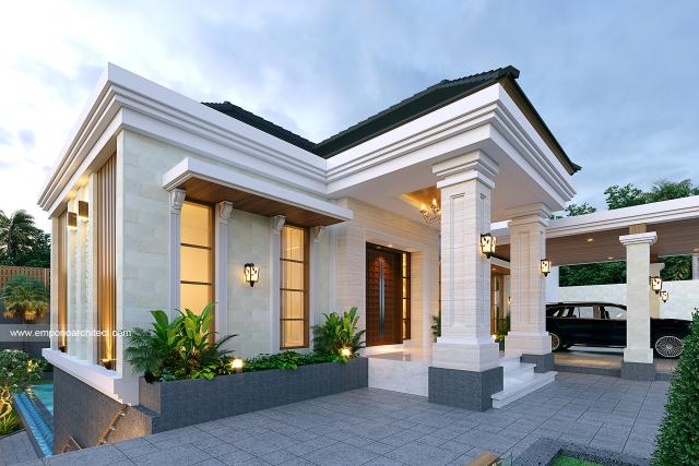 Desain Tampak Detail Depan 2 Rumah Villa Bali 2 Lantai Bapak HNR di Palembang