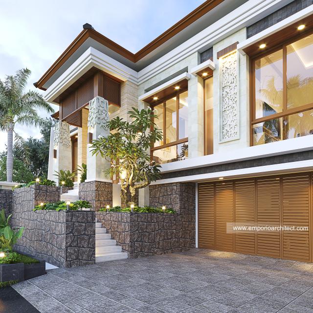 Desain Tampak Detail Kanan Depan Rumah Villa Bali 2 Lantai Ibu SR di Bekasi, Jawa Barat