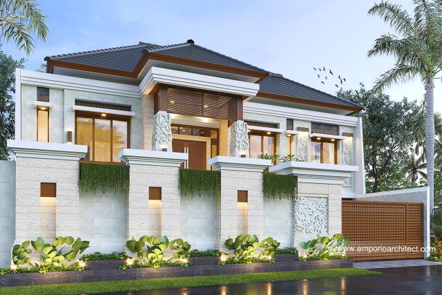 Desain Tampak Depan Dengan Pagar Rumah Villa Bali 2 Lantai Ibu SR di Bekasi, Jawa Barat