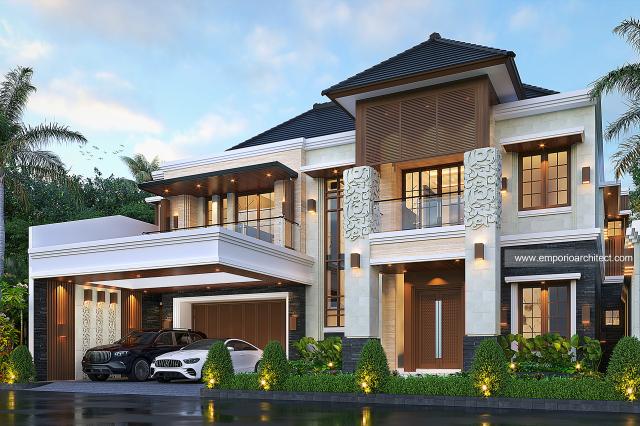 Desain Tampak Depan 2 Rumah Villa Bali 2 Lantai Ibu FTR di Bandung