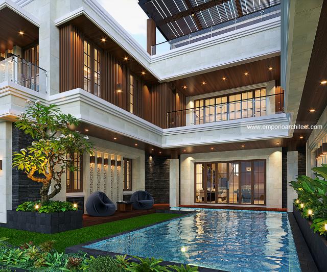 Desain Tampak Detail Belakang Rumah Villa Bali 2 Lantai Ibu FTR di Bandung