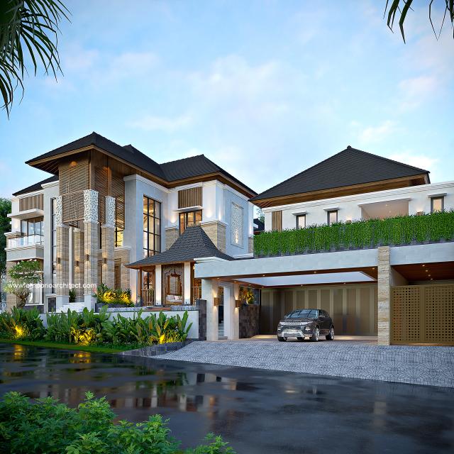 Desain Tampak Depan Rumah Villa Bali 2 Lantai Ibu UK di Bogor