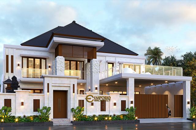 Desain Tampak Depan Dengan Pagar Rumah Villa Bali 2 Lantai Bapak Made Astawa di Cinere, Depok