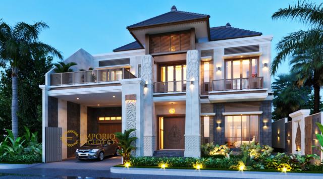 Desain Rumah Villa Bali 2 Lantai Ibu ID di Surakarta, Jawa Tengah - Tampak Depan Tanpa Pagar 1