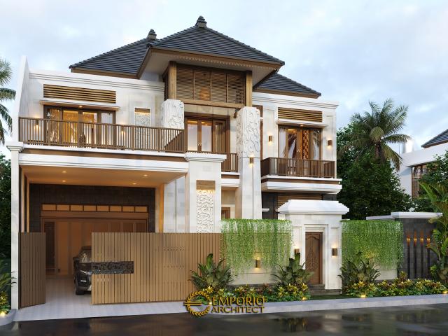 Desain Tampak Depan Dengan Pagar 1 Rumah Villa Bali 2 Lantai Ibu ID di Surakarta, Jawa Tengah