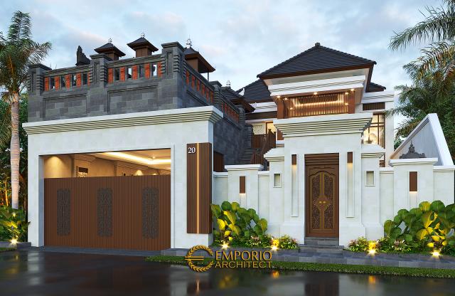 Desain Tampak Depan Dengan Pagar Rumah Villa Bali 2 Lantai Bapak Sanjaya di Denpasar, Bali