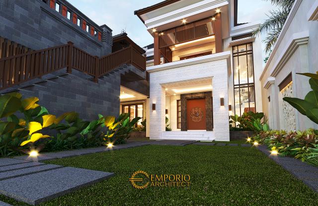 Desain Tampak Detail Depan Rumah Villa Bali 2 Lantai Bapak Sanjaya di Denpasar, Bali