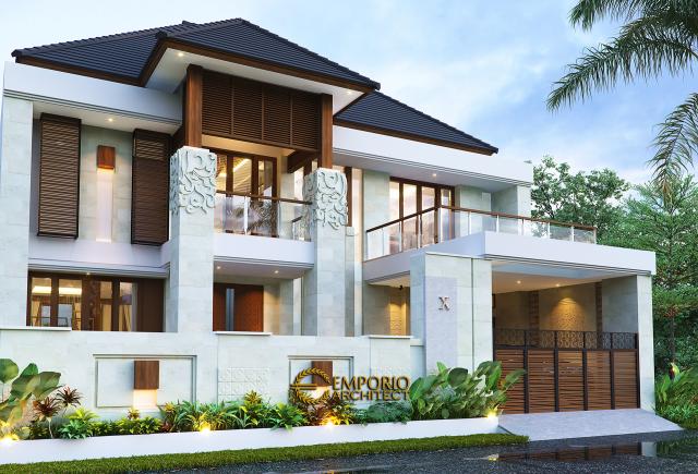 Desain Tampak Depan Dengan Pagar Rumah Villa Bali 2 Lantai Bapak Andi di Bandung, Jawa Barat