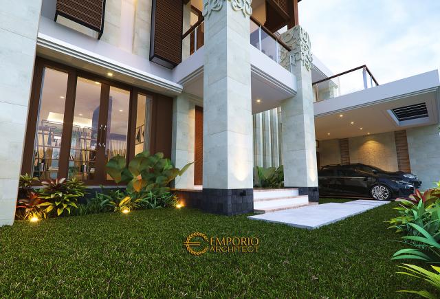 Desain Tampak Detail Depan Rumah Villa Bali 2 Lantai Bapak Andi di Bandung, Jawa Barat