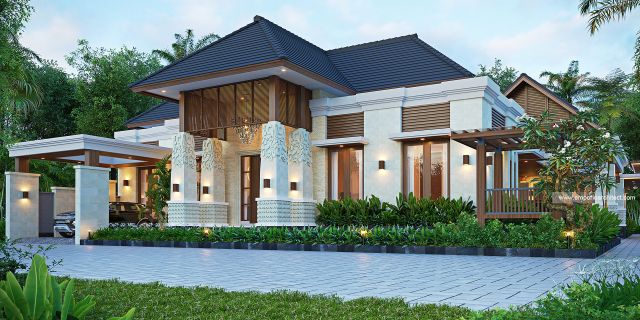 Desain Tampak Depan Rumah dan Toko Villa Bali 2 Lantai Bapak ESF di Pasuruan, Jawa Timur