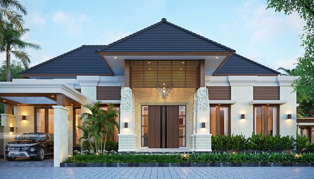 Desain Tampak Depan 3 Rumah dan Toko Villa Bali 2 Lantai Bapak ESF di Pasuruan, Jawa Timur