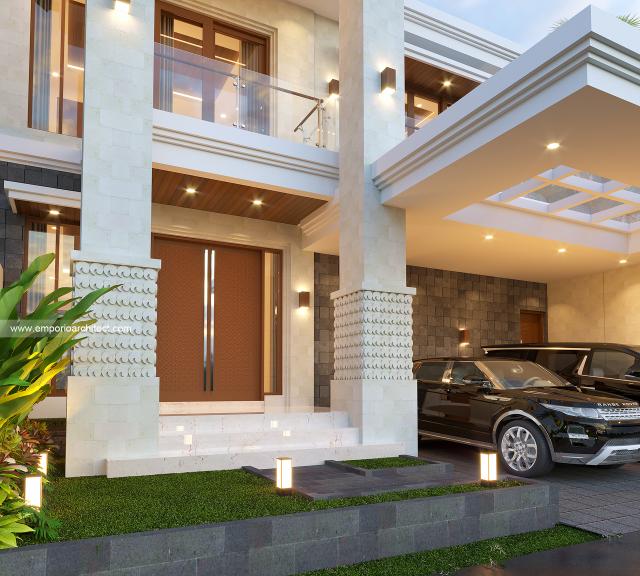 Desain Tampak Detail Depan Rumah Villa Bali 2 Lantai Bapak NGS di Denpasar, Bali