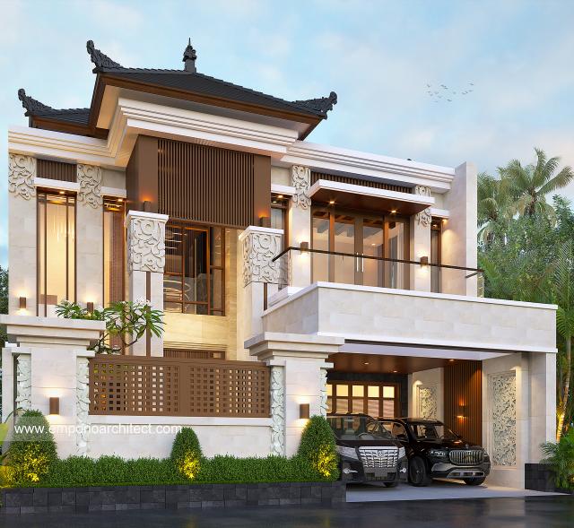 Desain Rumah Villa Bali 2 Lantai Ibu LNA II di Bandung, Jawa Barat - Tampak Depan Dengan Pagar