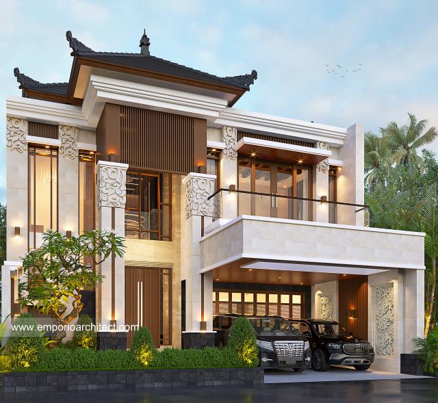 Desain Tampak Depan 2 Rumah Villa Bali 2 Lantai Ibu LNA II di Bandung, Jawa Barat