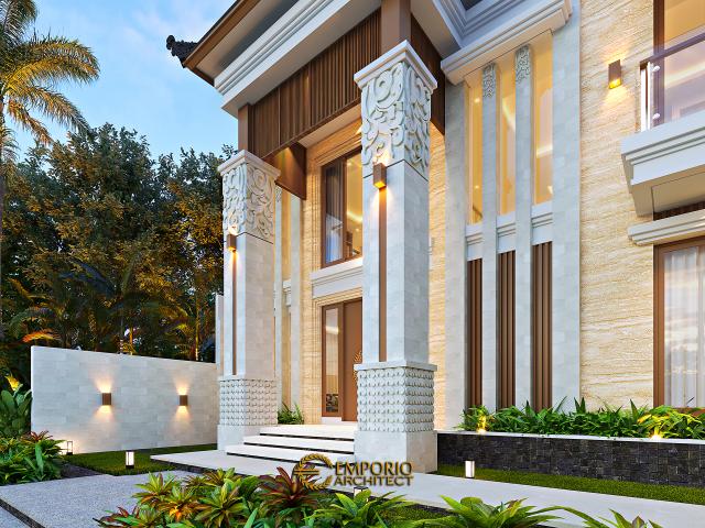 Desain Tampak Detail Depan Rumah Villa Bali 2 Lantai Ibu FTR di Bekasi, Jawa Barat