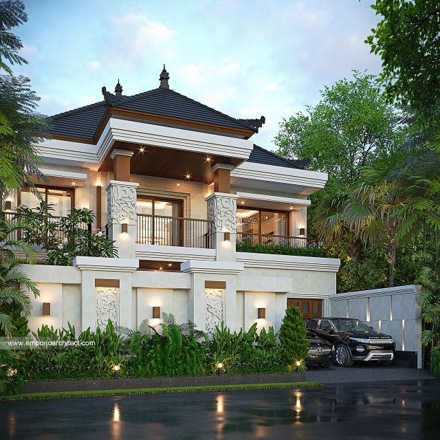 Desain Tampak Depan Dengan Pagar Rumah Villa Bali 2 Lantai Ibu EKD di NTB (Nusa Tenggara Barat)