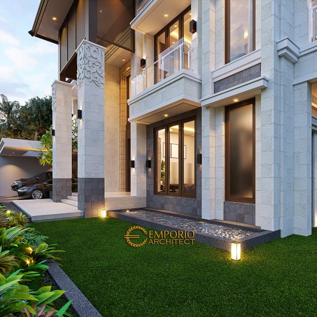 Desain Tampak Detail Depan Rumah Villa Bali 2 Lantai Ibu Lastri di Cikarang, Bekasi, Jawa Barat