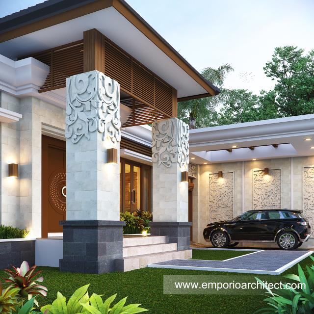 Desain Tampak Detail Depan Rumah Villa Bali 2 Lantai Bapak IST di Lubuklinggau, Sumatera Selatan