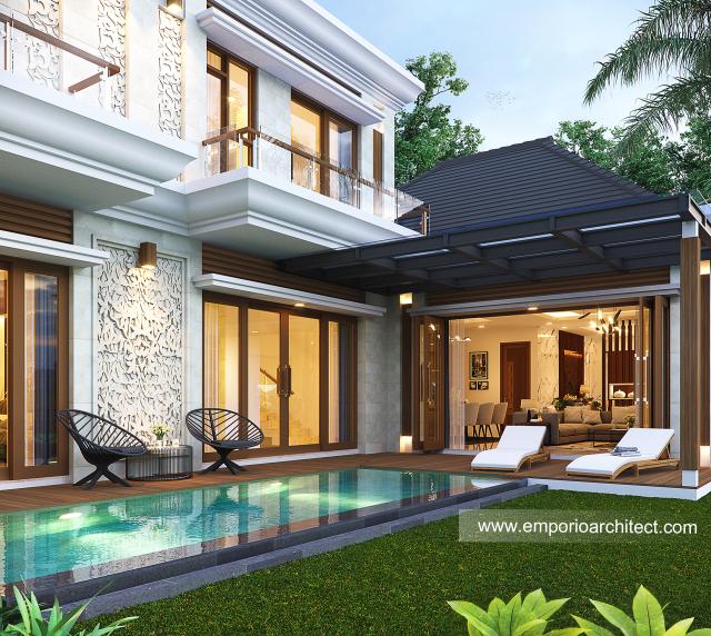 Desain Tampak Detail Belakang Rumah Villa Bali 2 Lantai Bapak IST di Lubuklinggau, Sumatera Selatan