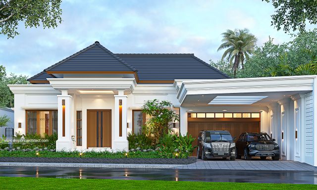 Desain Tampak Depan Rumah Villa Bali 2 Lantai Bapak RP di Padang